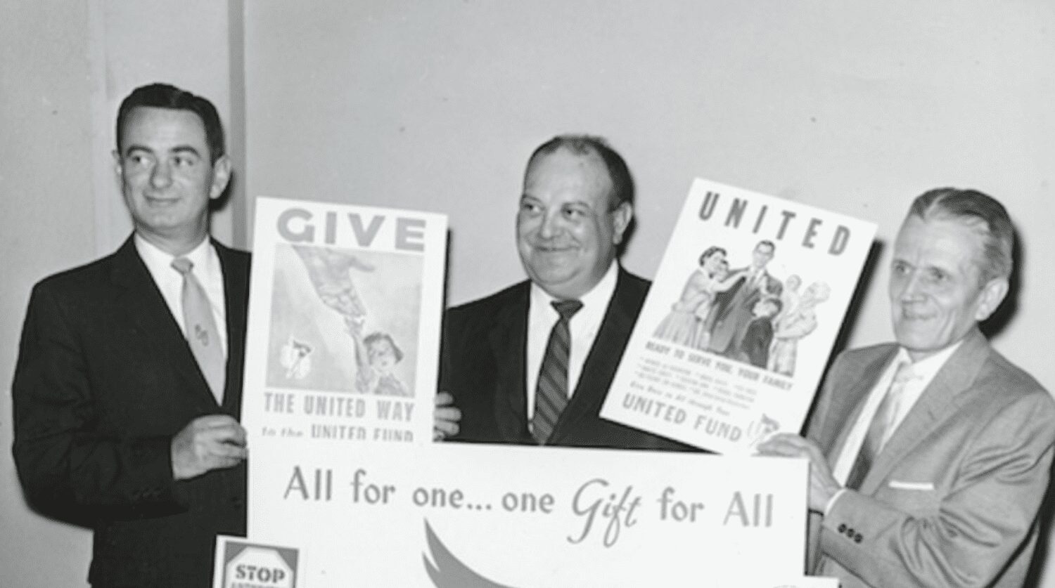 Vintage photo of Albert Basse Sr in the 1920's-1930's holding signage for United Way United Fund